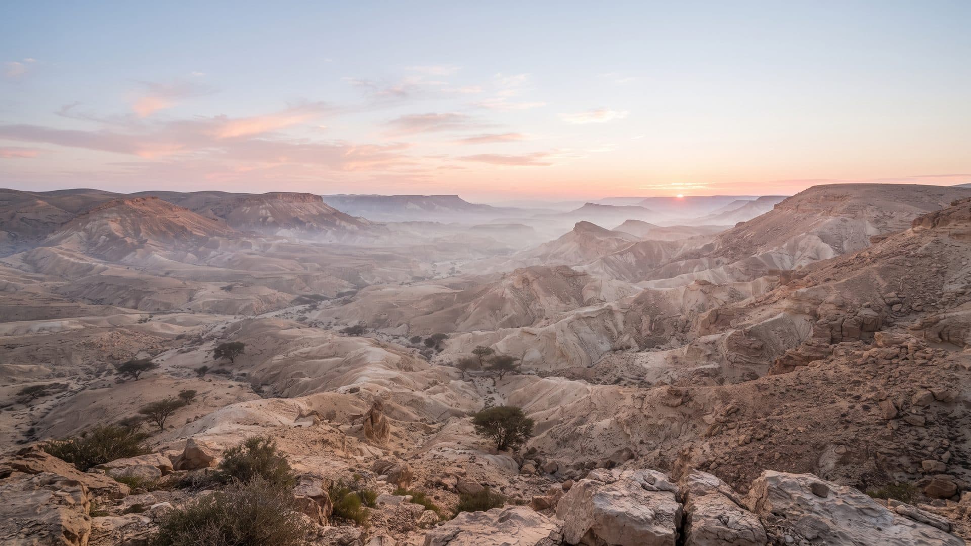 נוף מדבר הנגב בזריחה: גבעות אבן חול בהירות, ערפל בוקר בעמקים ועצי שיטה בודדים