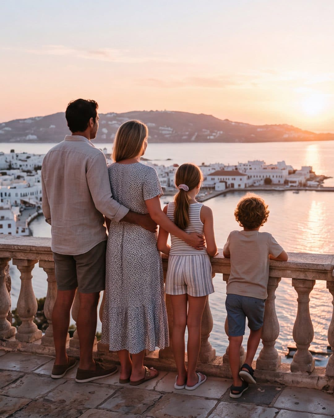 A family at a scenic terrace at sunset, looking out over a Mediterranean bay with a white village and a cruise ship in the distance
