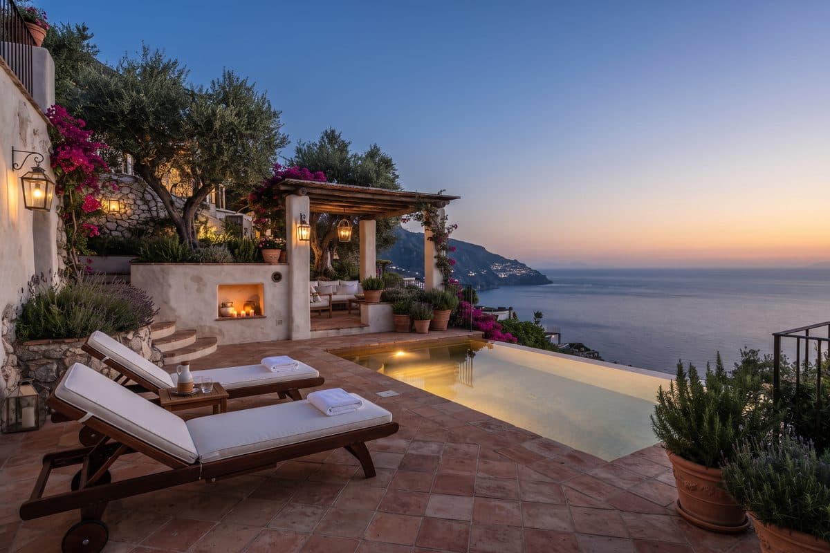 A boutique hotel pool terrace at dusk overlooking the Mediterranean, sun loungers, olive trees and bougainvillea