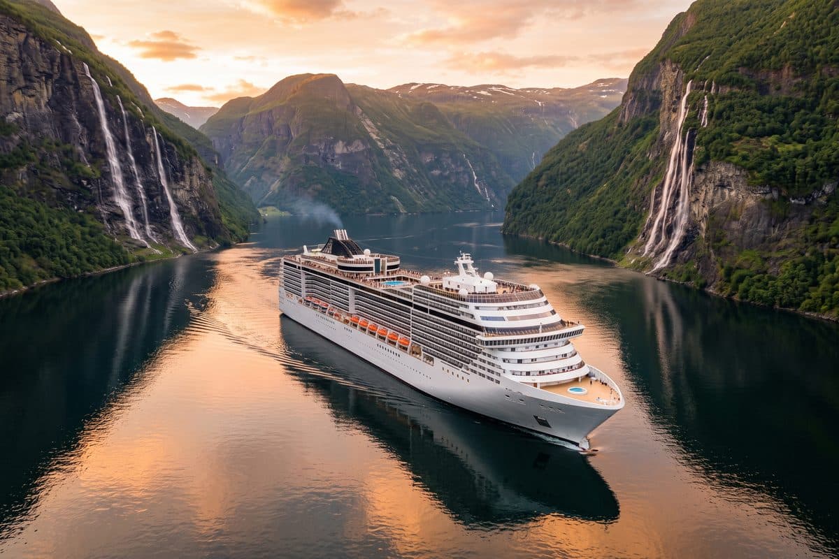 A white cruise ship sailing through a Norwegian fjord at sunset, green mountains and waterfalls on both sides