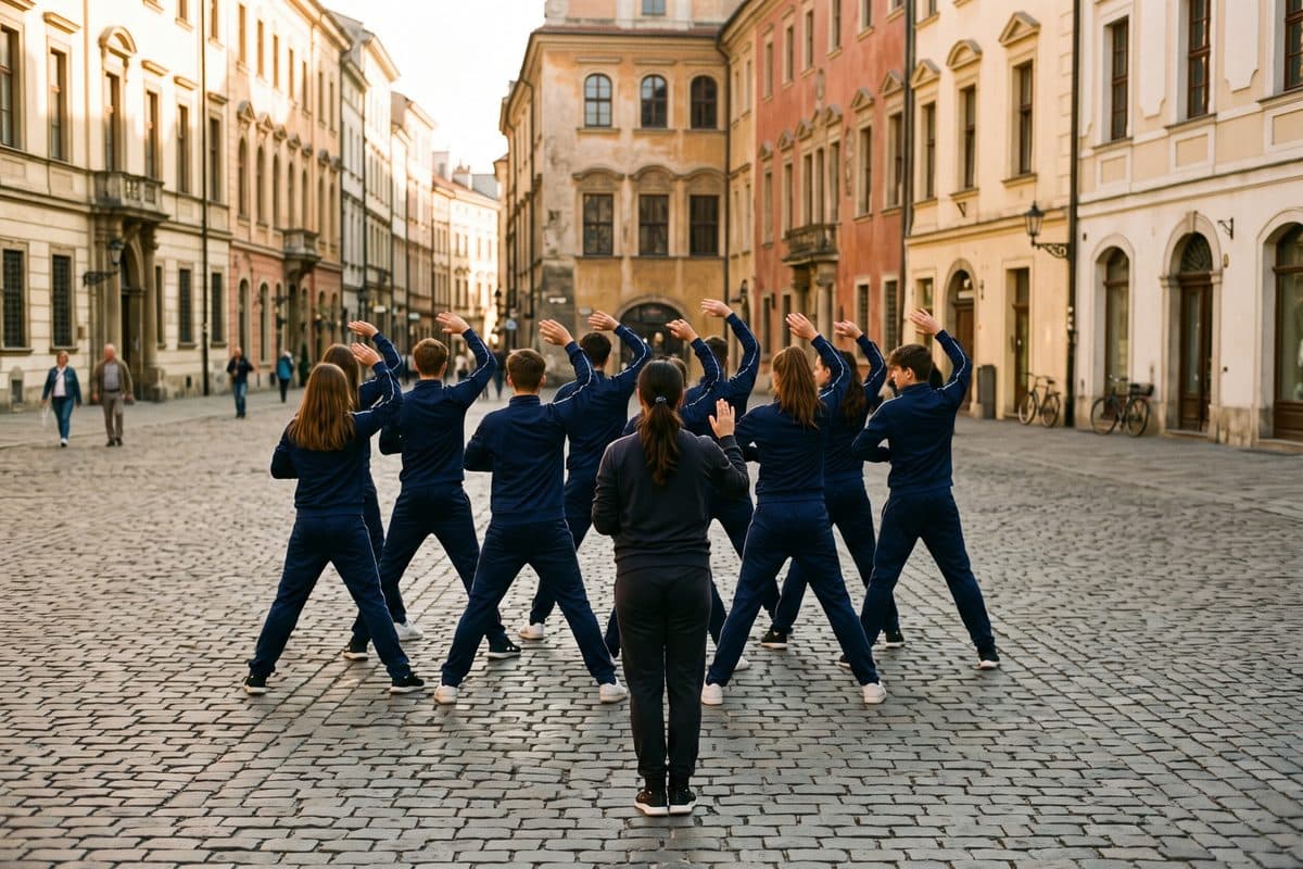 A youth dance group in matching navy tracksuits rehearsing on an old European square, seen from behind