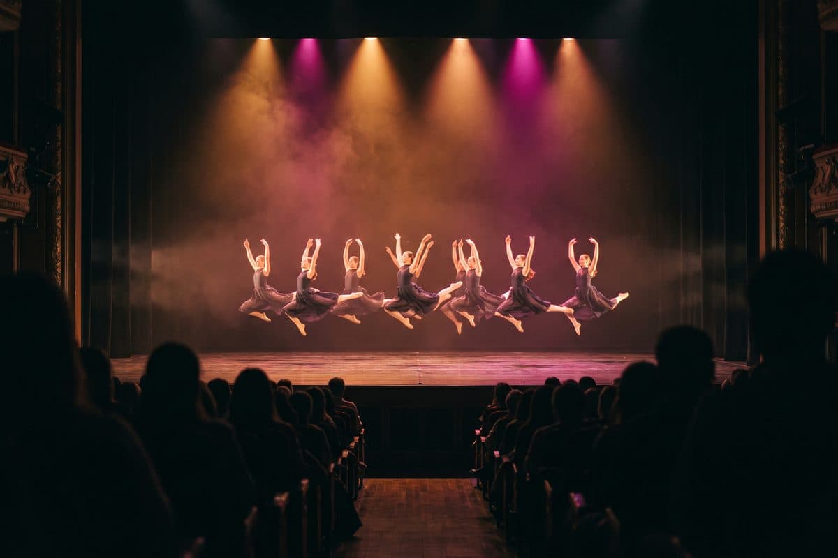 Young dancers in a synchronized leap on an international dance competition stage, amber and magenta spotlights, audience in silhouette
